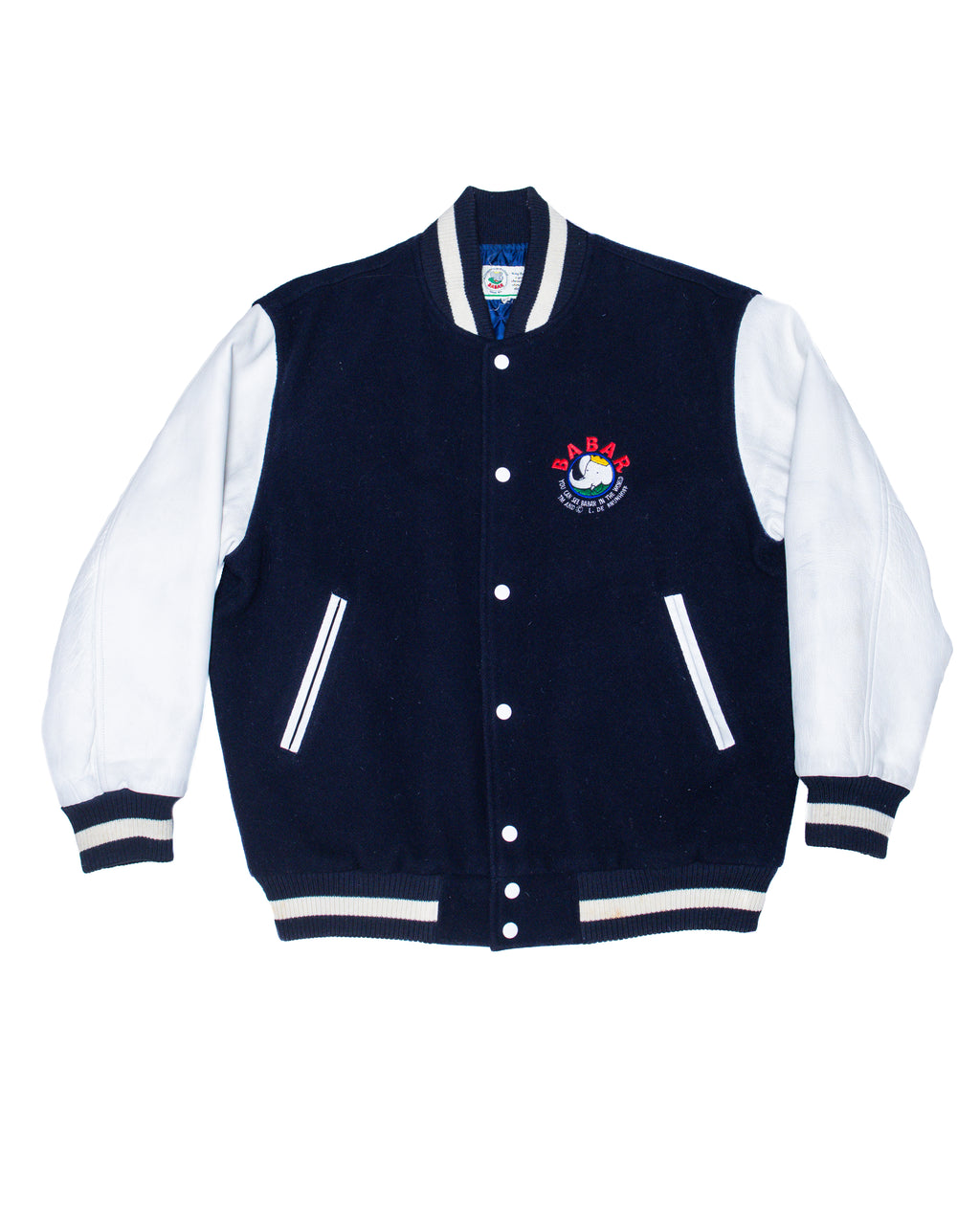1990s BABAR THE ELEPHANT VARSITY JACKET IN WOOL AND PEBBLED LEATHER