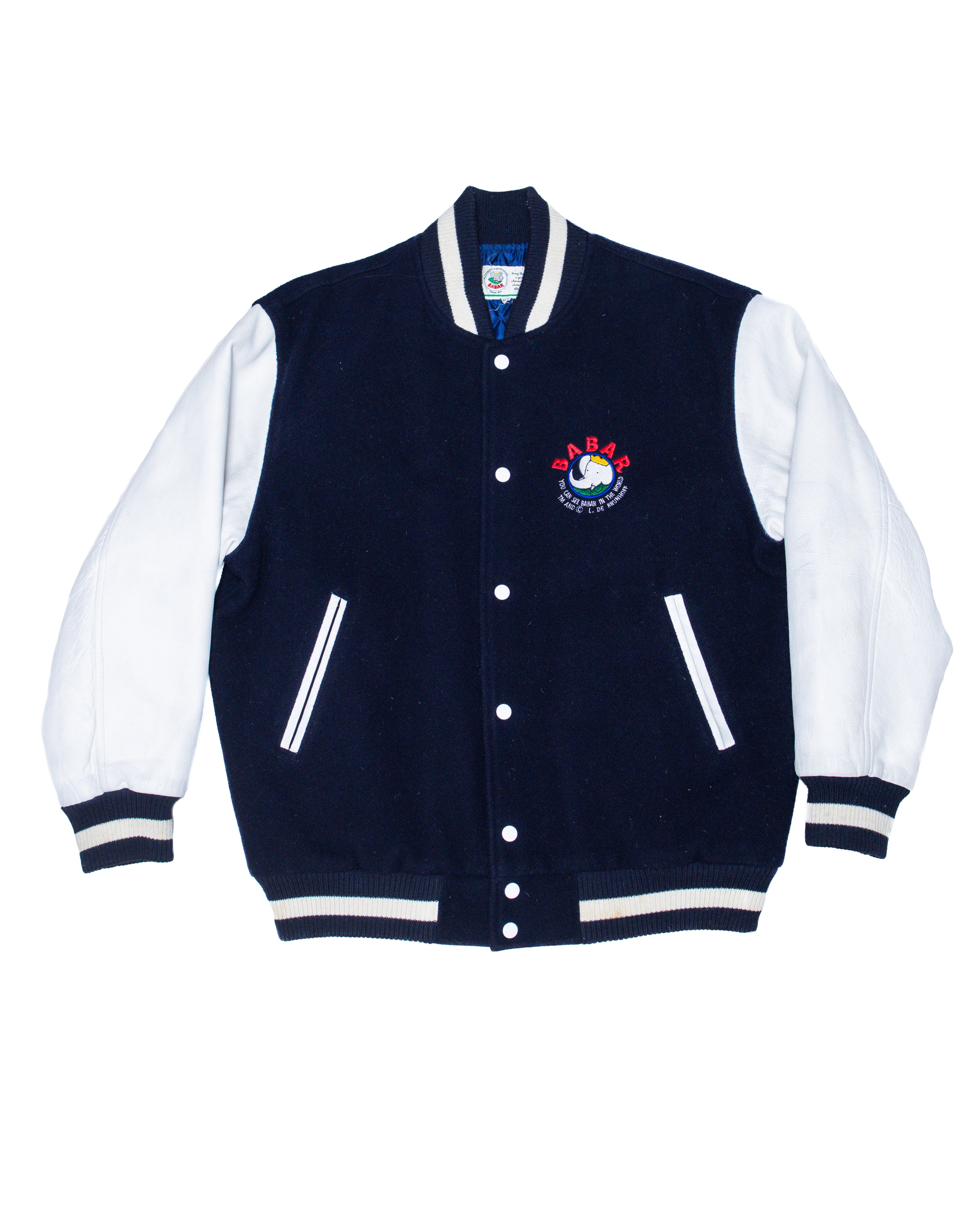 1990s BABAR THE ELEPHANT VARSITY JACKET IN WOOL AND PEBBLED LEATHER