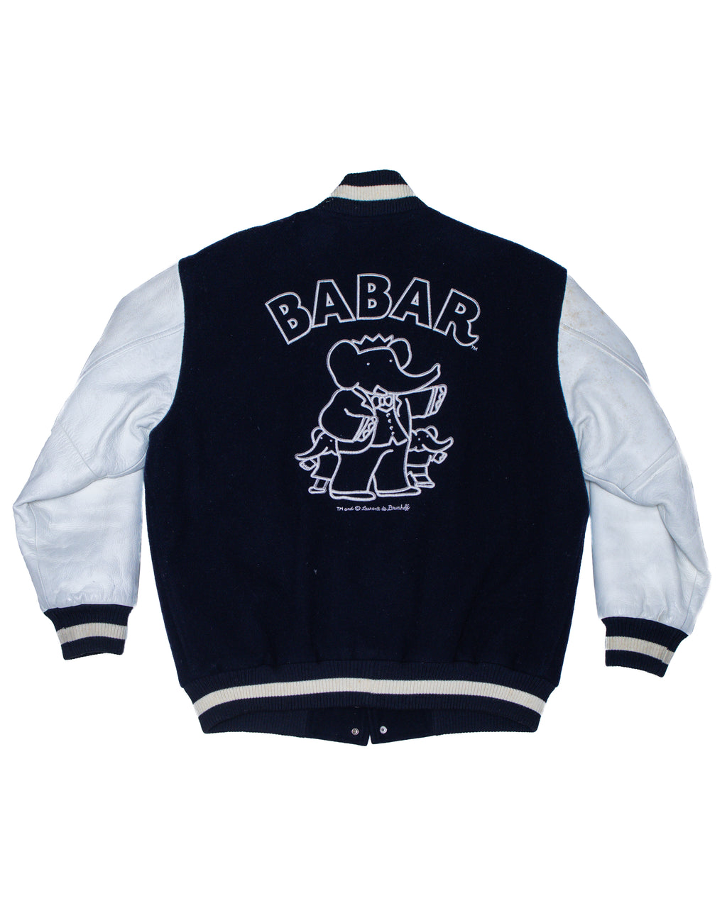 1990s BABAR THE ELEPHANT VARSITY JACKET IN WOOL AND PEBBLED LEATHER