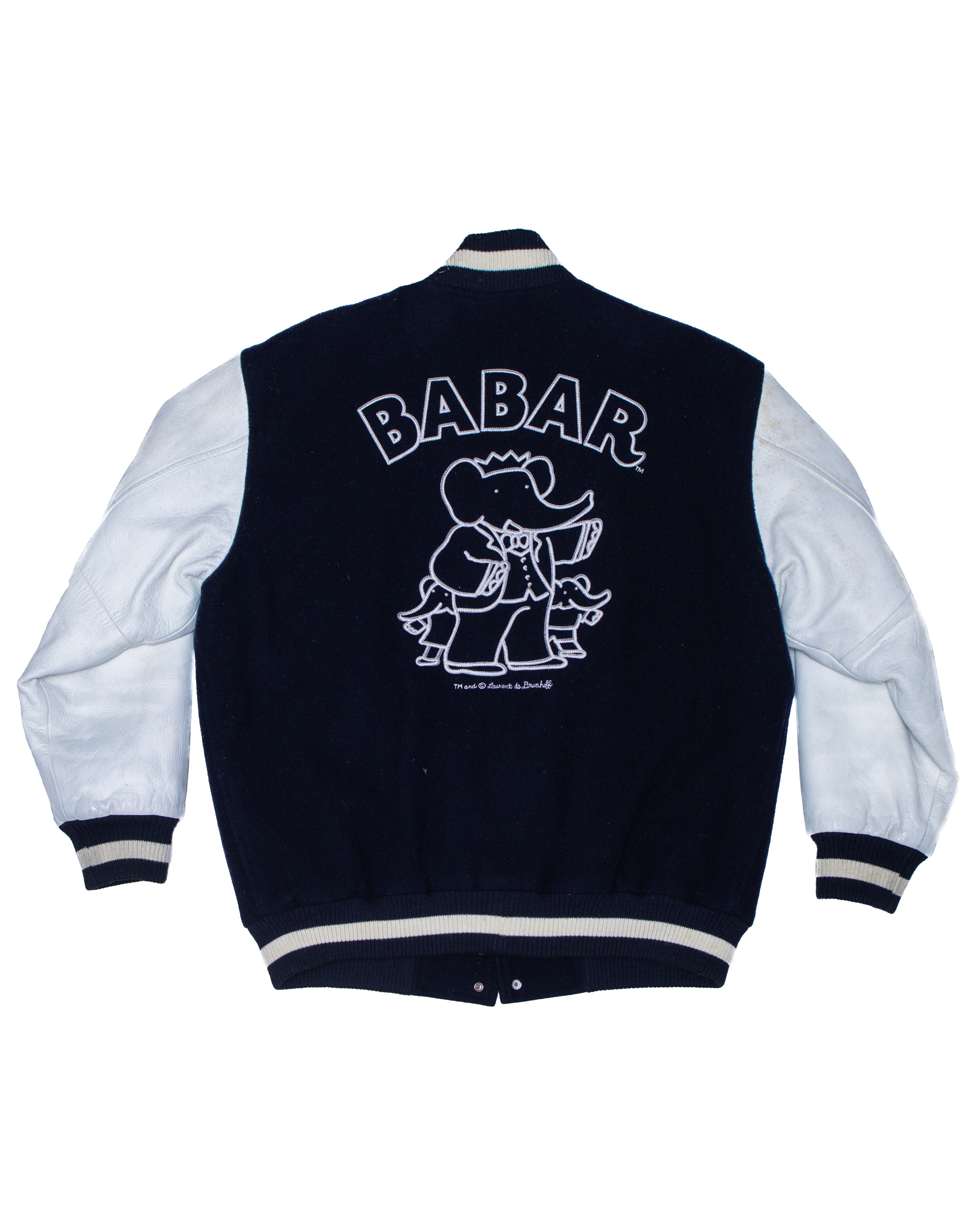 1990s BABAR THE ELEPHANT VARSITY JACKET IN WOOL AND PEBBLED LEATHER